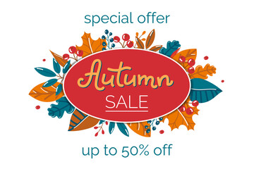 Autumn sale text advertising banner with a discount for seasonal purchases with colorful autumn leaves and berries on a white background. Vector illustration.