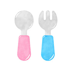 Hand drawn fork and spoon isolated on white background. Hand paint illustration.