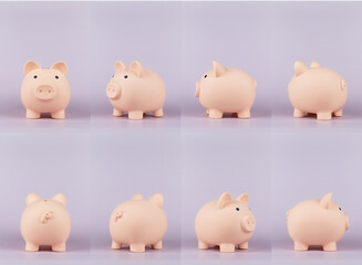 Collection of piggy bank on pink background. Concept for invest and saving