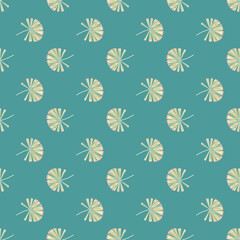 Hand drawn abstract palm alicuala ornament seamless pattern. Turquoise background. Doodle style.