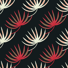 Vintage nature seamless pattern with pink and white colored botanic leaf shapes. Black background.