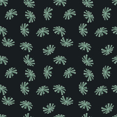 Little random green palm licuala leaves seamless doodle pattern. Black background. Nature ornament.