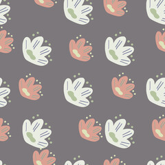 Pastel tones floral seamless pattern with simple hand drawn naive flower silhouettes. Blue pale background.
