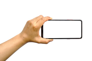 Male hand holding blank smart phone isolated on white background with clipping path