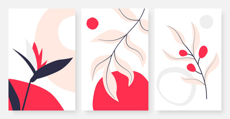 Tropical leaves, abstract minimal line drawing wall art vector illustration set. Minimalist hand drawn simple leaf, sun, template social media, poster or design wallpaper in red pink black colors