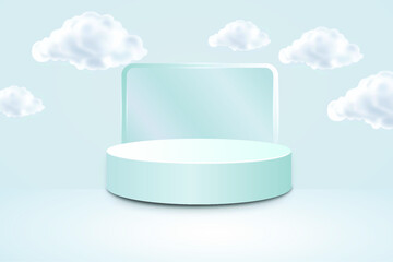 3D podium for displaying products, blue color, with glass and cloud backdrop.