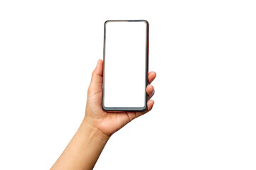 The hand is holding the white screen, the mobile phone is isolated on a white background with the clipping path.