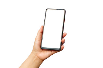 Male hand holding blank smart phone isolated on white background with clipping path
