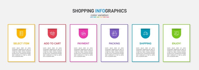 Concept of shopping process with 6 successive steps. Six colorful graphic elements. Timeline design for brochure, presentation, web site. Infographic design layout.