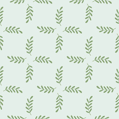 Seamless pattern in botany style with green geometric shapes print. Light blue background.