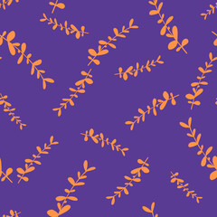 Nature abstract seamless pattern with doodle orange random eucalyptus print. Blue indigo backdrop.