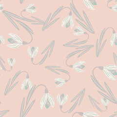 Grey random galanthus ornament seamless flower sprint pattern. Pastel pink background.