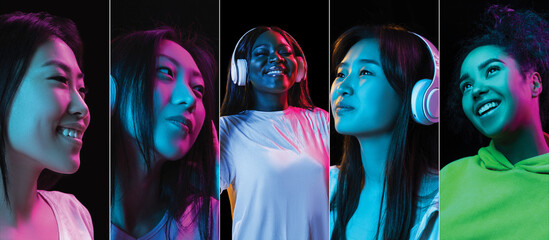 Fototapeta premium Portraits of group of people on multicolored background in neon light, collage.