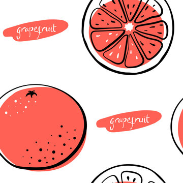 Seamless pattern with grapefruit in black line sketchy style isolated on white background. Tropical fruits. Doodle hand drawn vector illustration