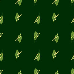 Seamless pattern with floral spring lily of the valley elements on dark green background.