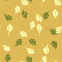 Seamless pattern with random flowers silhouettes ornament. Orange and green pastel palette tones.