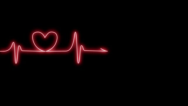 Self-drawing red line Neon heartbeat on a dark background. Neon pulse sign with matte brightness.