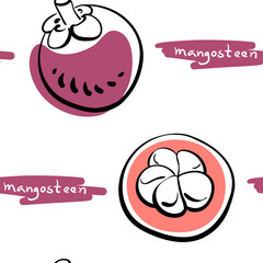 Seamless pattern with mangosteen in black line sketchy style isolated on white background. Tropical fruits. Doodle hand drawn vector illustration