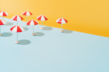 sun protection umbrella for beach in red and white, on a blue background. parasol for outdoor....
