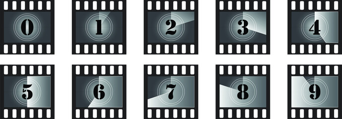 Obraz premium Movie countdown numbers Set. The start of the old film. Retro cinema movie timer count. Old film of countdown frame. Vintage silent film screen with circle sections timer on grunge film background