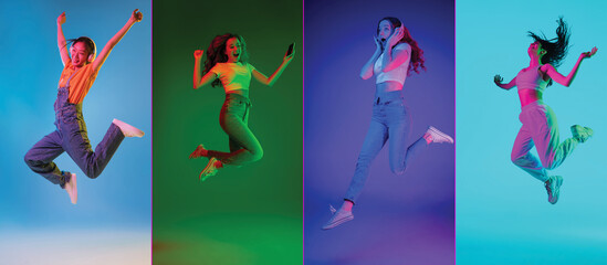 Portraits of group of people on multicolored background, collage. Happy, jumping girls.
