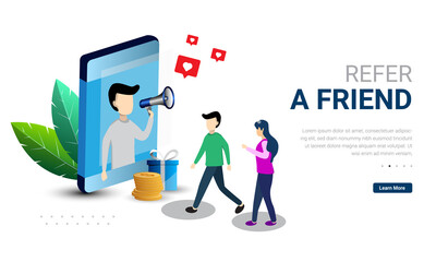 Refer a friend concept, vector illustration people share with megaphone for friends. Good for ui, cover, mobile app, landing page