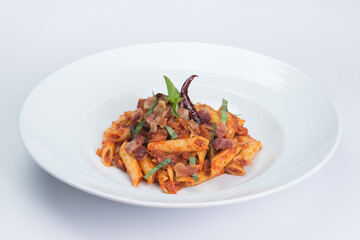 Penne arrabiata on isolated white background.