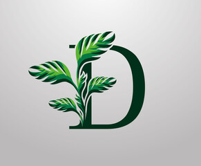Letter D monstera green plant icon, tropical leaves decorative logo