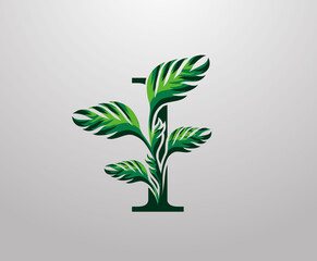 Letter I monstera green plant icon, tropical leaves decorative logo