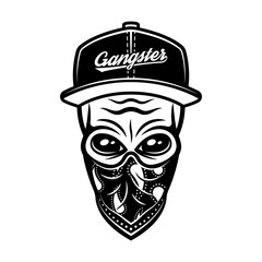 Alien head in cap and bandana on face vector illustration in vintage monochrome style isolated on white background