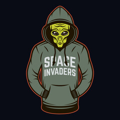 Alien in hoodie vector object or design element in cartoon colored style on dark background