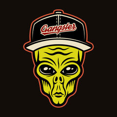 Alien head in baseball cap character colorful vector illustration in cartoon style isolated on dark background