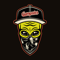Alien head in baseball cap and bandana on face gangster character colorful vector illustration in cartoon style isolated on dark background