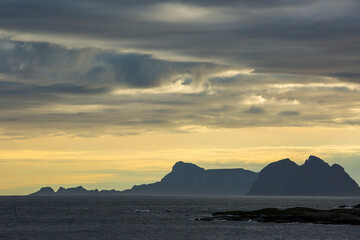 Autumn landscape and beach in Lofoten Islands, Northern Norway