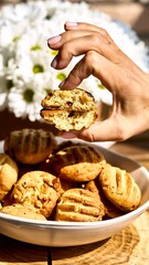 Homemade cookies with nuts, wood background, selective focus. High quality photo