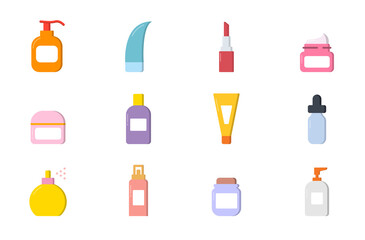 Collection of Natural Organic Beauty Cosmetic Products in colorful Bottles, Jars, Tubes. Set of Cosmetic Bottle for Body, Skin and Hair Care. Cartoon Vector illustration