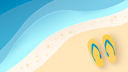 Flip flops on beach. Sandy beach background. Top view and copy space. Yellow slippers on sand at the beach. Paper cut and craft style illustration. Top view