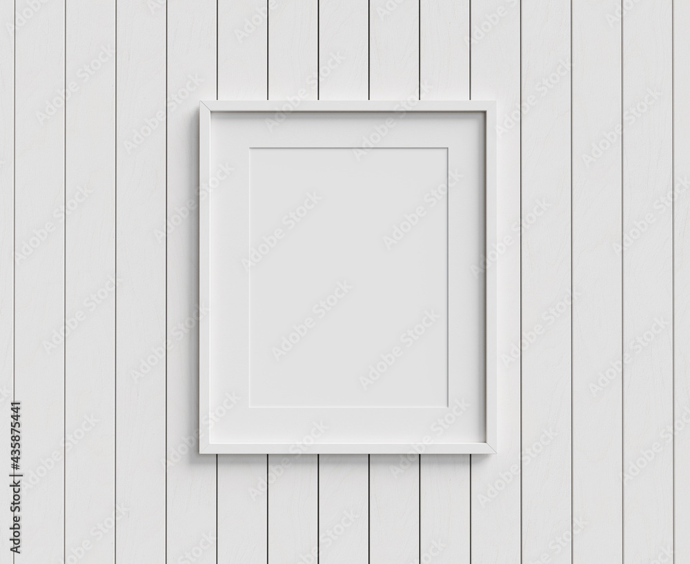 Poster white single frame on planked wall. picture mock up. 3d render. 3d illustration.