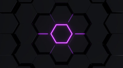 Black abstract futuristic hexagonal background with purple light, 3D rendering