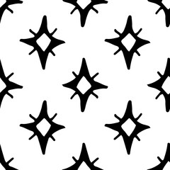 Vector pattern of a four-sided star with lines. Abstract seamless pattern of glitter symbol, diamond pattern with curved edges and a pattern of lines, black color geometrically arranged on a white bac