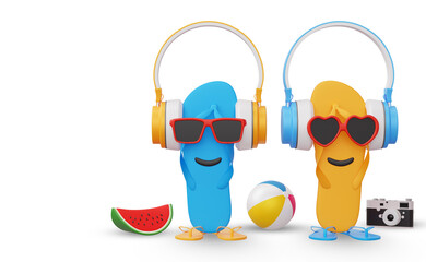 Slippers with headphone and beach equipment, summer season, summer template 3d rendering