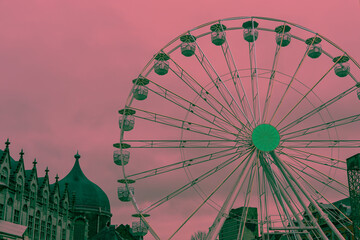 Ferris wheel in Liege, Belgium. Abstract Ferris wheel, selective color 