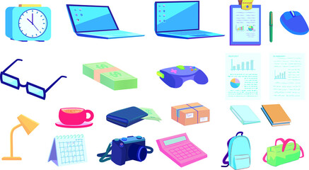 Work and lifestyle accessory element collection, vector picture.