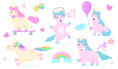 Set of cute pink unicorns. Cartoon vector illustration. Magic little horses with blue, pink, rainbow mane, listening to music, riding skateboard, holding balloon. Fairytale, myth concept for design