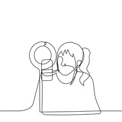 female blogger sitting in front of ring lamp and smartphone on tripod - one line drawing. concept of live broadcast, stream. blogger or celebrity chatting with fans online, tutor leads the lesson