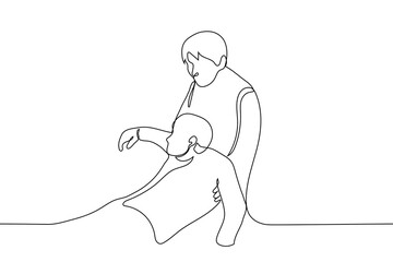 man dragging another man by the armpits - one line drawing. the concept of helping or rescuing, pulling a drowned man out of the water, losing consciousness in someone else's hands