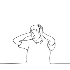 man grabbed his head, he was terrified - one line drawing. horror, despair, shock, headache, migraine concept