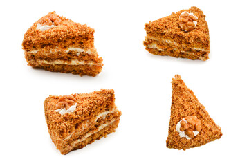 Peace of honey cake isolated on white background.