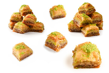 Pistachio baklava on a white background. Dessert.