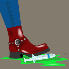 The leg is in jeans, and the swinging leg presses on the syringe. A bright green liquid flows out of the syringe. With copy space.  No drugs. Poster, banner. 